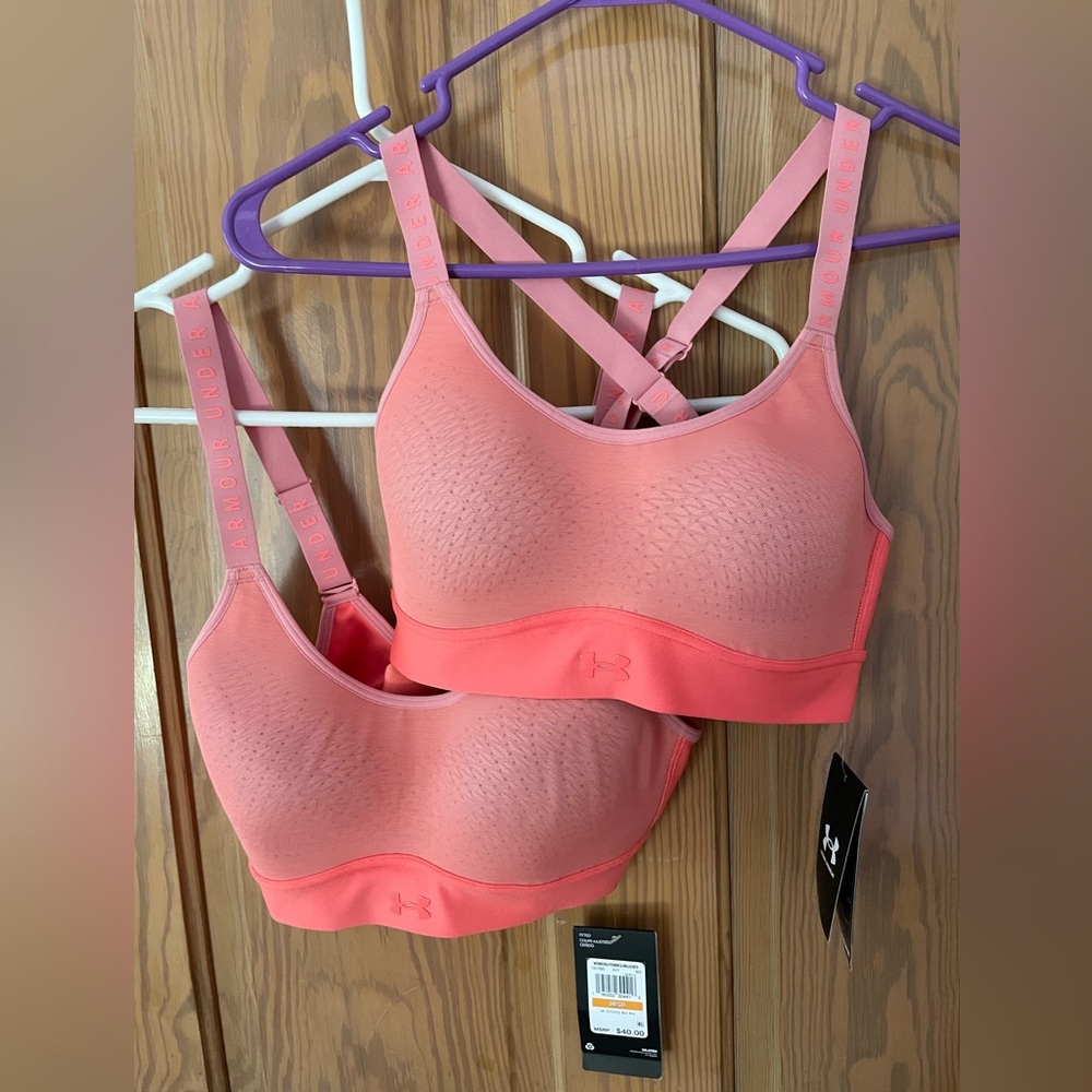 NWT Two Under Armour Infinity Medium Support Bra, Size Small, Salmon Pink